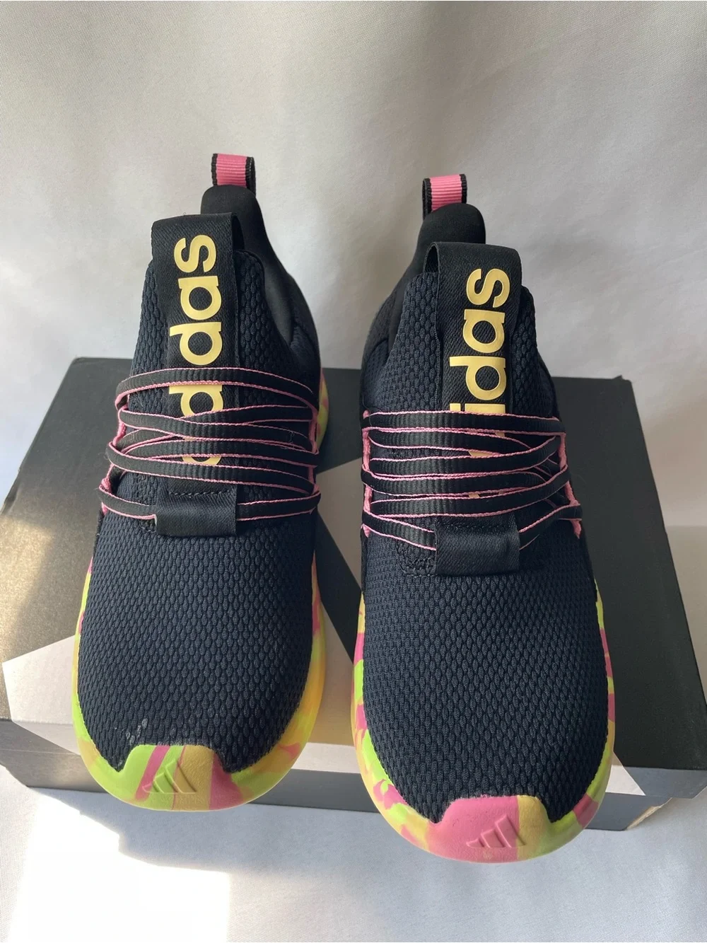 Adidas Kids Black Athletic Sneakers with Neon Pink & Yellow Sole